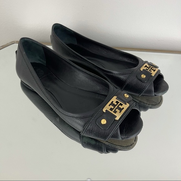 TORY BURCH Black Leather Clines Peep-Toe Ballerina Flats - Picture 2 of 11